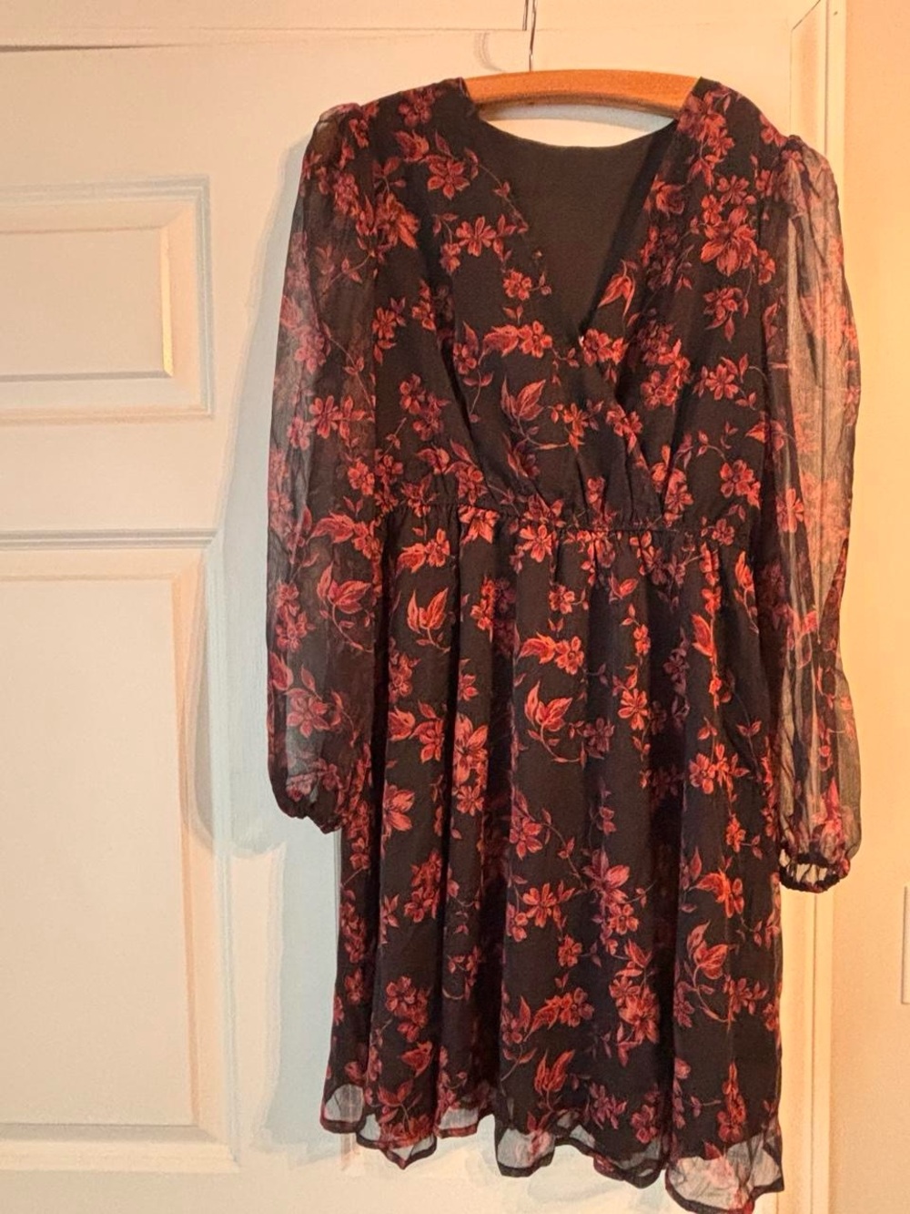 Cupshe Black Sheer Long-Sleeve Dress with Red Floral Print